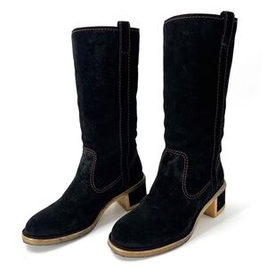 Chanel Mid Calf Block Heel Black Suede Pink Stitching Boots Size 37.5